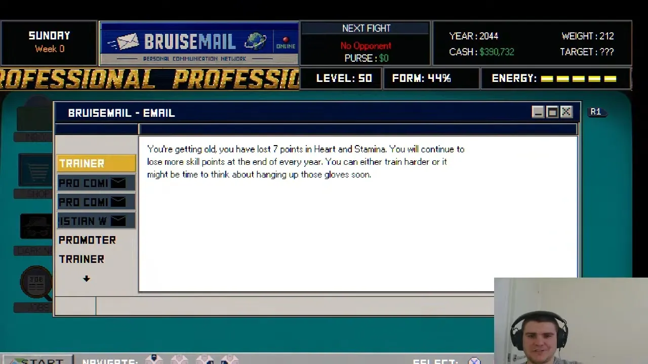 Bruisers 2D Boxing BruiseMail email from Trainer saying you're getting old and lost 7 points in Heart and Stamina