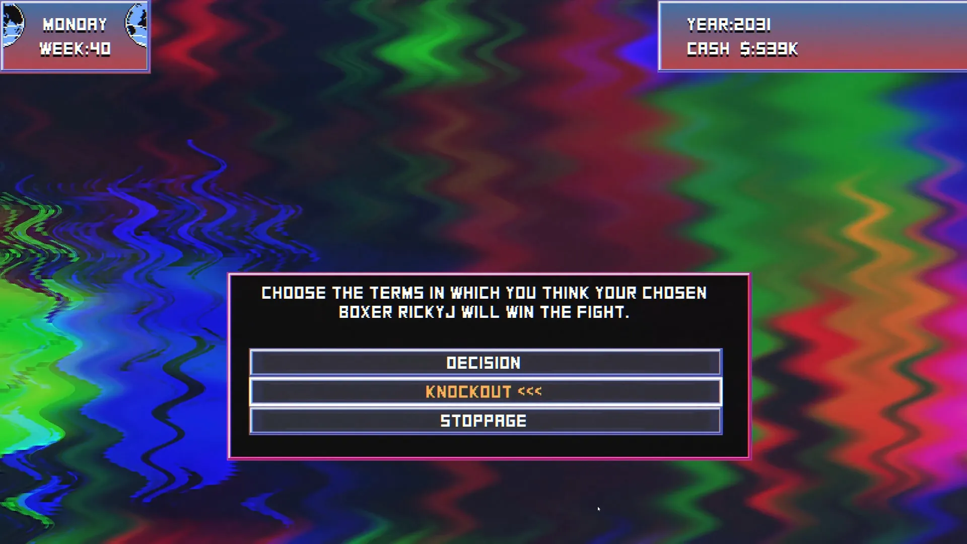 Bruisers 2D Boxing winning condition selection in the betting menu