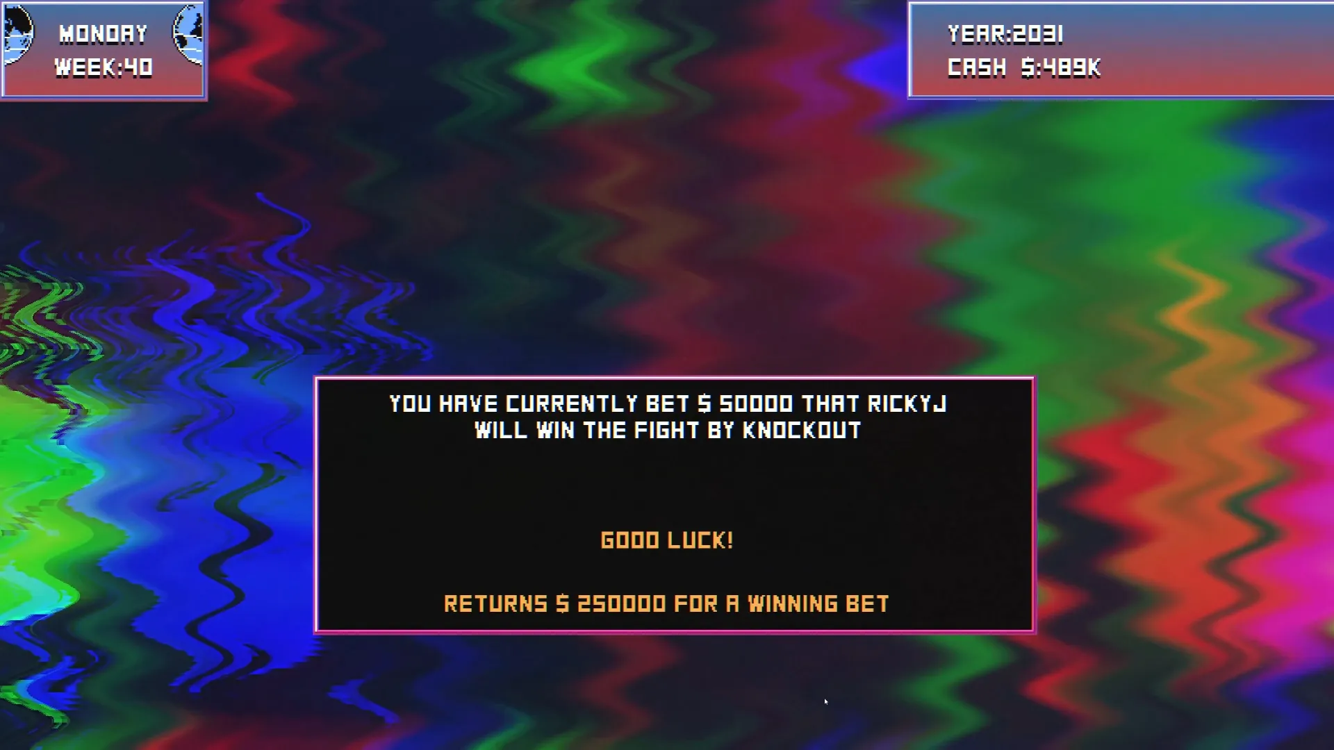 Bruisers 2D Boxing confirmation prompt for a 50,000 wager on Ricky Jay