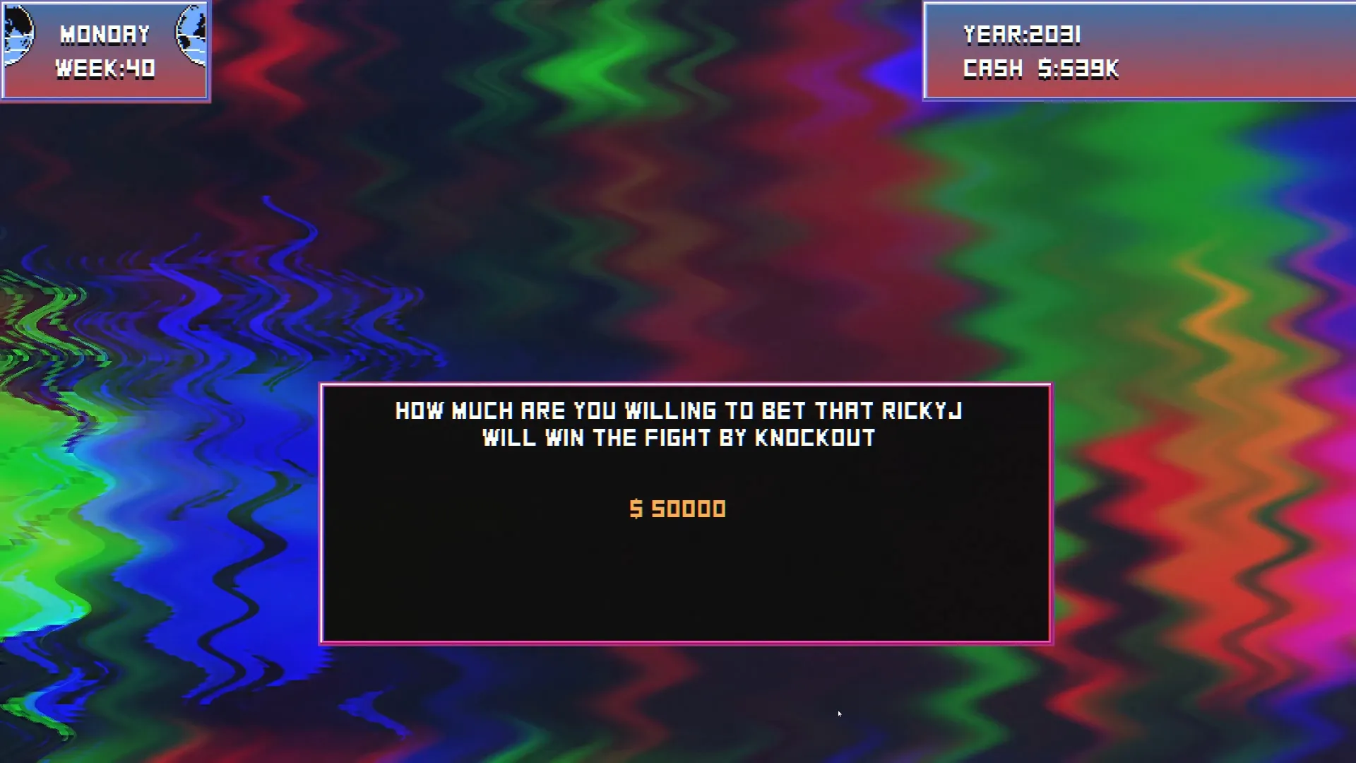 Bruisers 2D Boxing betting amount menu with a 50,000 wager