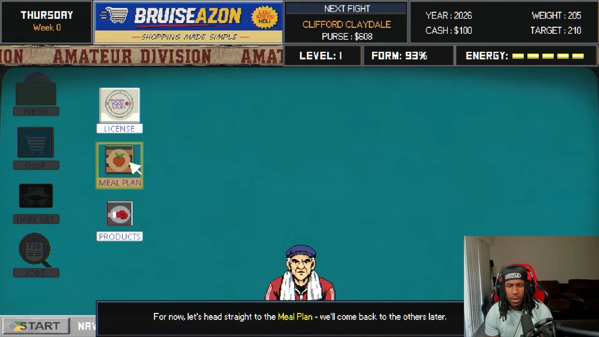 Bruisers 2D Boxing career computer desktop with the Jobs icon in the left column