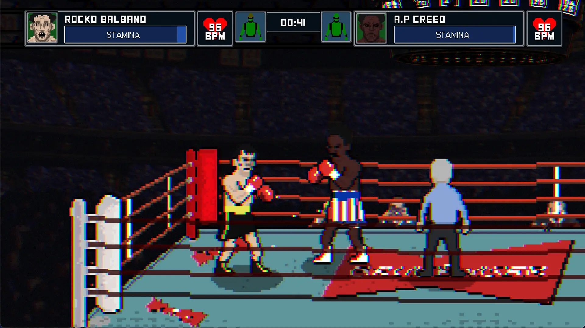 Bruisers 2D Boxing fight HUD with each boxer's stamina bar, heart rate in BPM, and the round clock