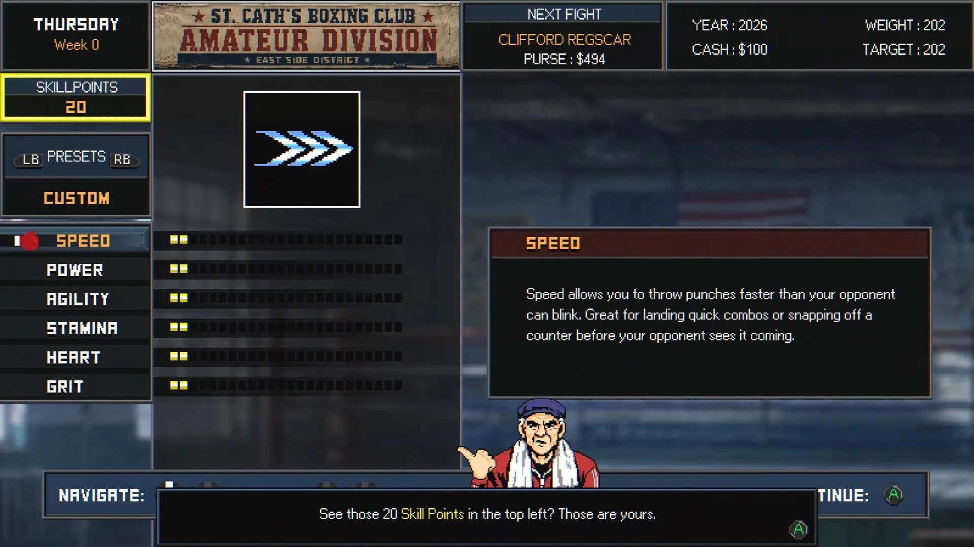 Bruisers 2D Boxing starting skill allocation with 20 points at the top left