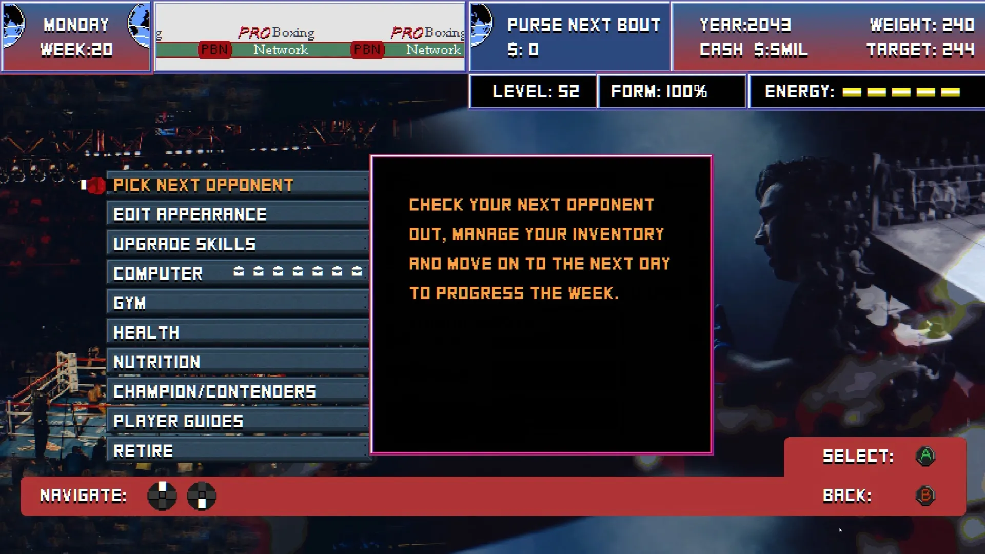 Bruisers 2D Boxing opponent selection screen